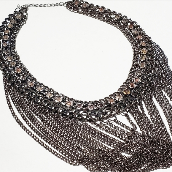 Necklace: Edgy Looking Multi Strand Chain with Crystals Gunmetal Color - Picture 3 of 8